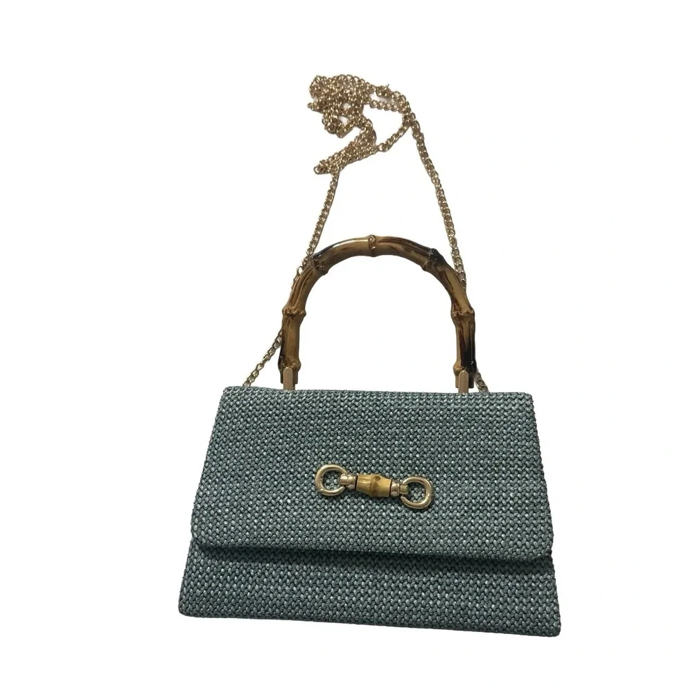 Savanna Blue Woven Purse with Bamboo Handle and Gold Tone Chain Strap NWT